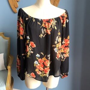 Forever 21 black orange floral see thru long sleeves off shoulder top size L